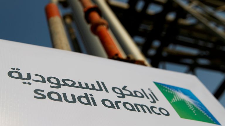 FILE PHOTO: Saudi Aramco logo is pictured at the oil facility in Abqaiq, Saudi Arabia October 12, 2019. REUTERS/Maxim Shemetov/File Photo
