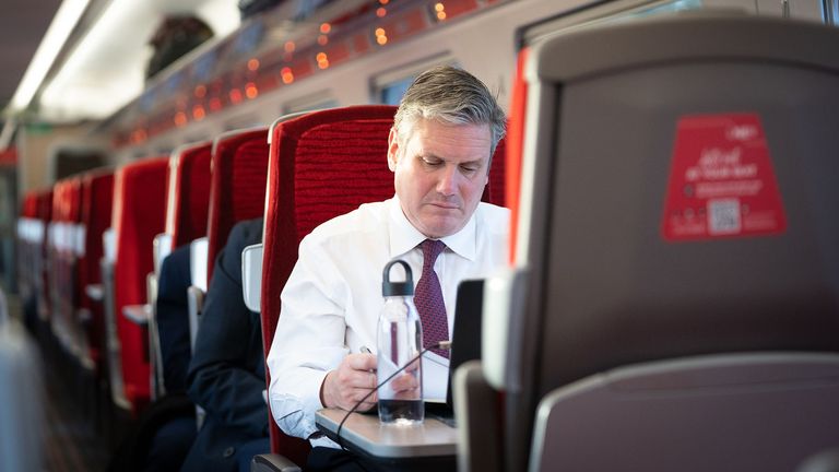 Labour leader Sir Keir Starmer travels by train to Leeds and Bradford where he will discuss the government's announcement of the future of the integrated Rail Plan. Picture date: Thursday November 18, 2021.