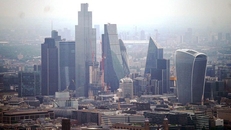 An aerial view of the City of London skyline, including the Leadenhall building, the Gherkin, 20 Fenchurch Street, 22 Bishopsgate and The Scalpel. Picture date: Friday July 9, 2021.