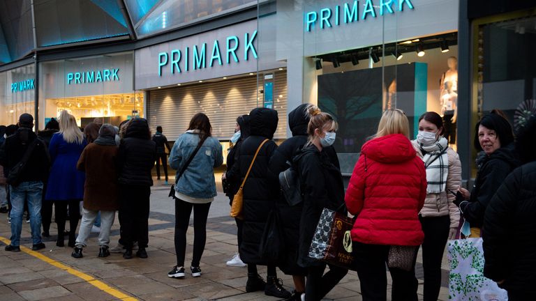 Early morning shoppers at Primark, in Birmingham, as England takes another step back towards normality with the further easing of lockdown restrictions. Picture date: Monday April 12, 2021