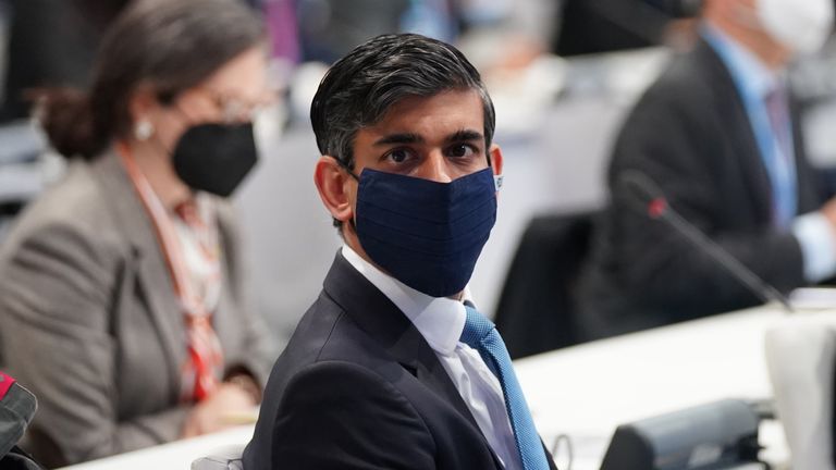 Chancellor Rishi Sunak wearing a face mask  at the Cop26 summit at the Scottish Event Campus (SEC) in Glasgow, where he was meeting with a group of finance ministers who are backing a plan to create new global climate reporting standards. Picture date: Wednesday November 3, 2021.
