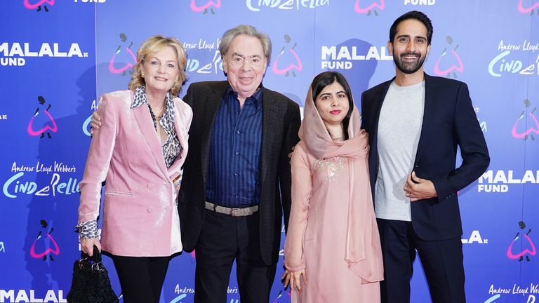 (left to right) Madeleine Gurdon, Andrew Lloyd Webber, Malala Yousafzai, and her husband Asser Malik arriving for a special gala performance of Sir Andrew's production of Cinderella, to support the Malala Fund, at the Gillian Lynne Theatre in London. Picture date: Monday November 22, 2021.
