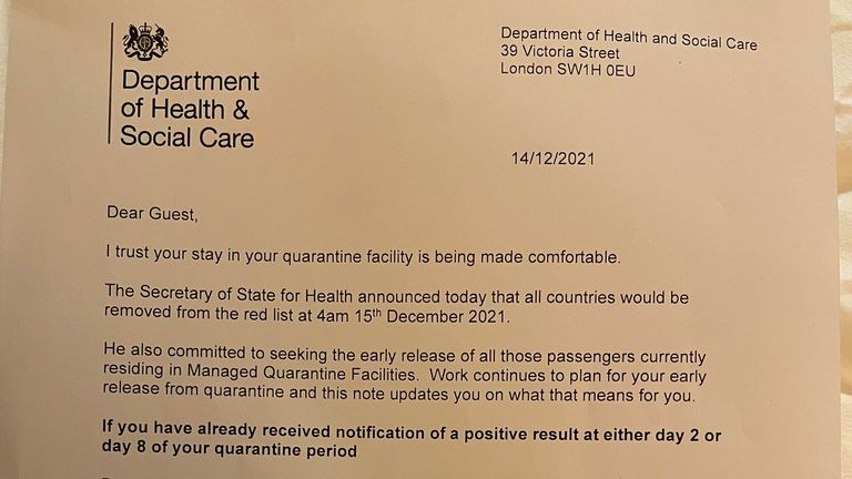 A Department of Health letter outlining plans to release people early from quarantine hotels