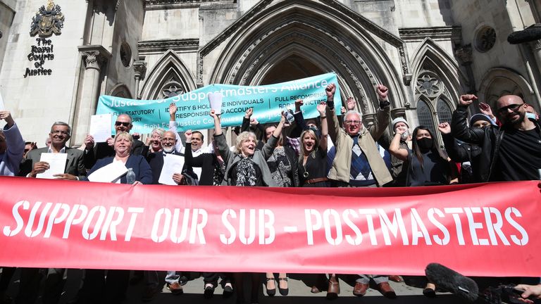 Former post office workers celebrate outside the Royal Courts of Justice, London, after having their convictions overturned by the Court of Appeal. Thirty-nine former subpostmasters who were convicted of theft, fraud and false accounting because of the Post Office's defective Horizon accounting system have had their names cleared by the Court of Appeal. Issue date: Friday April 23, 2021.