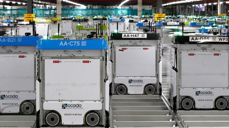  "Bots" are seen on the grid of the "smart platform" at the Ocado CFC (Customer Fulfilment Centre) in Andover, Britain May 1, 2018.