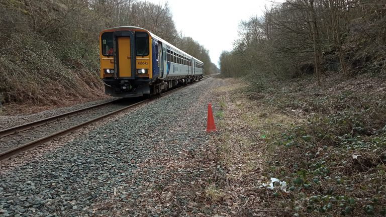 Undated handout photo issued by University of Sheffield, showing dry ice being blasted onto railway lines across northern England in a trial aimed at removing leaves more efficiently than current methods. The trial involves pellets of dry ice being fired in a stream of air from a passenger train onto rails, making leaves frozen and brittle. The dry ice then quickly turns back into gas, causing it to expand and destroy the leaves. Issue date: Monday October 4, 2021.
