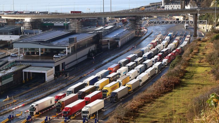 Lorries queue for the frontier control area at the Port of Dover in Kent, where freight Channel traffic is returning to normal levels following a quiet start to the year and the end of the transition period with the European Union on December 31. Picture date: Friday January 22, 2021.