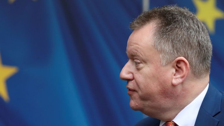 FILE PHOTO: British Brexit Minister David Frost speaks to the media ahead of a meeting with European Commission Vice-President Maros Sefcovic in Brussels, Belgium November 19, 2021. REUTERS/Yves Herman/File Photo
