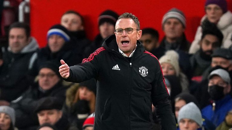 Manchester United interim manager Ralf Rangnick on the touchline during the Premier League match at Old Trafford, Manchester. Picture date: Sunday December 5, 2021.
