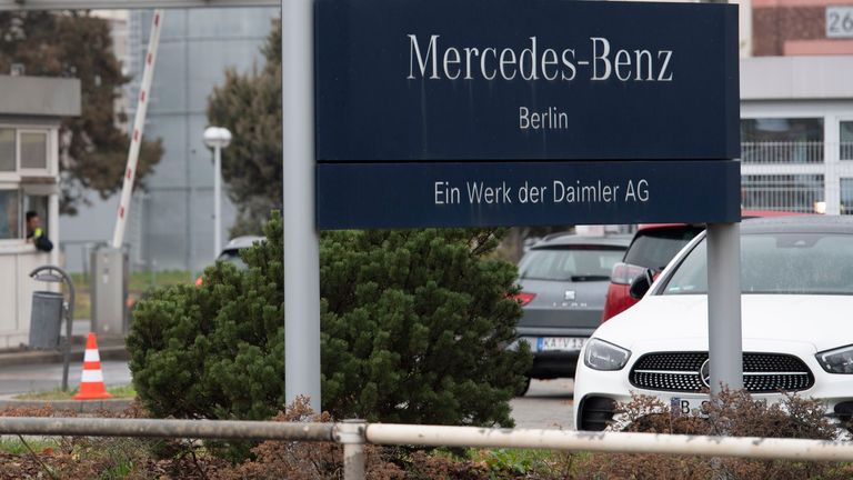 18 November 2021, Berlin: "Mercedes-Benz Berlin" is written on the sign at the access road to the Mercedes-Benz plant in Marienfelde Pic: AP