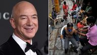 Jeff Bezos and an alley at a slum area, in Ahmedabad, India. Pics: AP/Reuters