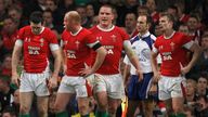 Wales' players (from L) Stephen Jones, Gethin Jenkins, Martyn Williams and Dwayne Peel react after Australia's winning try during their friendly international rugby at the Millennium stadium in Cardiff November 28, 2009.   REUTERS/ Eddie Keogh (BRITAIN SPORT RUGBY)