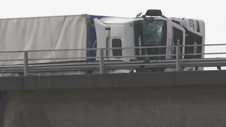 Lorry on its side