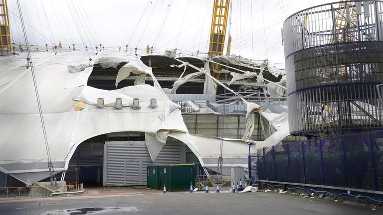 Damage to the roof of the O2 Arena (known as the Millennium Dome when it opened in 2000), in south east London, caused by Storm Eunice. Picture date: Friday February 18, 2022.