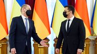 German Chancellor Olaf Scholz (left) meets Ukrainian President Volodymyr Zelensky in Kyiv