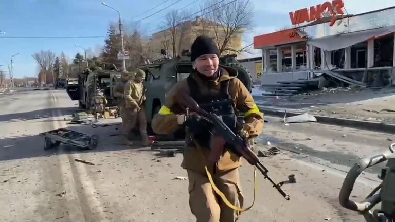 Sky News has verified footage showing what appear to be Ukrainian soldiers engaged in combat and inspecting abandoned Russian armoured vehicles.