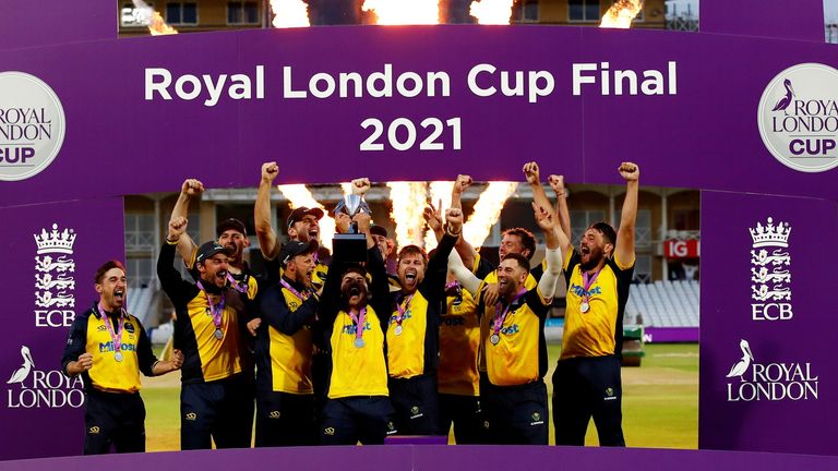 Cricket - Royal London One-Day Cup Final - Glamorgan v Durham - Trent Bridge, Nottingham, Britain - August 19, 2021 Glamorgan players celebrate with the trophy after winning the Royal London Cup Final Action Images/Jason Cairnduff