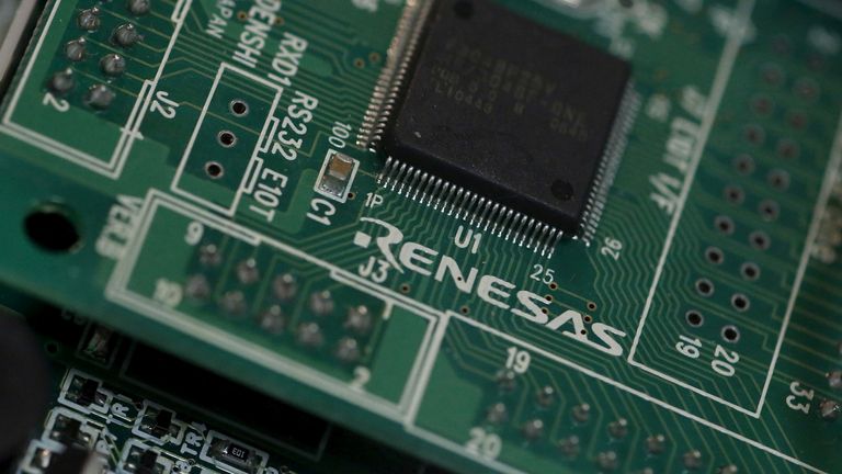 A Renesas Electronics Corp's chip is pictured at the company's office in Tokyo, March 21, 2013