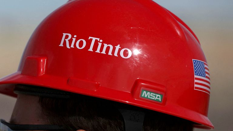 FILE PHOTO: The Rio Tinto logo is displayed on a visitor's helmet at a borates mine in Boron, California, U.S., November 15, 2019