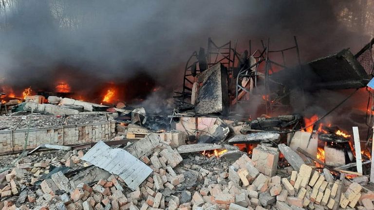 A view shows the Ukrainian State Border Guard Service site damaged by shelling in Kyiv region, Ukraine, in this handout picture released February 24, 2022. Press service of the Ukrainian State Border Guard Service/Handout via REUTERS ATTENTION EDITORS - THIS IMAGE HAS BEEN SUPPLIED BY A THIRD PARTY.
