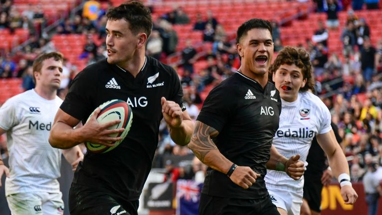 Oct 23, 2021; Washington, DC, USA; Will Jordan of the All Blacks cruises to a goal during the 1874 Cup Rugby Autumn Internationals rugby match at FedEx Field featuring the New Zealand All Blacks vs the USA Eagles