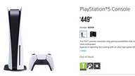 The PlayStation 5 console is listed as 'Out of Stock' on Sony's official site