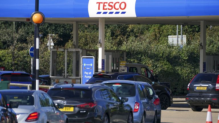 Cars queue at Tesco near Stanwell, Middlesex. Picture date: Monday September 27, 2021.