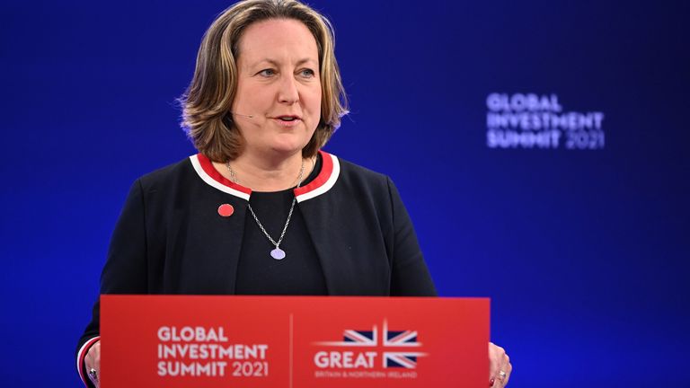 Britain's International Trade Secretary Anne-Marie Trevelyan speaks during the Global Investment Summit at the Science Museum, in London, Britain, October 19, 2021. Leon Neal/Pool via REUTERS
