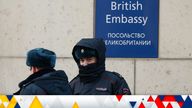 Russian policemen outside the British embassy in Moscow