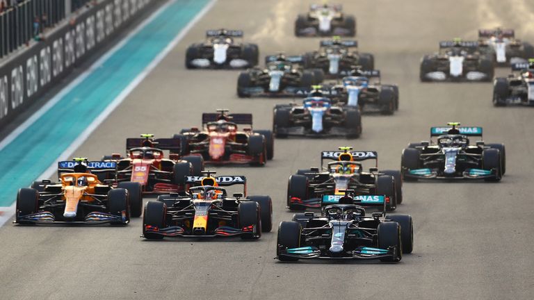 Mercedes' Lewis Hamilton and Red Bull's Max Verstappen after the start of the race