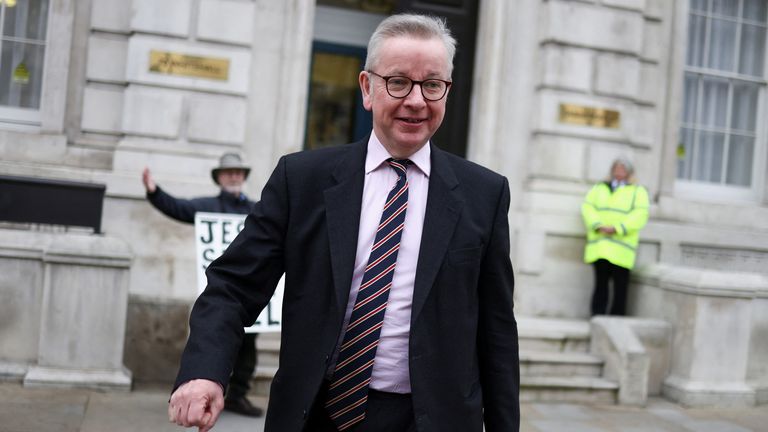 British Secretary of State for Levelling Up, Housing and Communities Michael Gove walks outside the Cabinet Office in London, Britain February 7, 2022. REUTERS/Tom Nicholson
