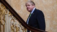 Britain's Prime Minister Boris Johnson reacts as he walks up the stairs, following a meeting of the leaders of the the Joint Expeditionary Force (JEF), at Lancaster House, in London, Britain March 15, 2022. Justin Tallis/Pool via REUTERS
