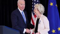 U.S. President Joe Biden and European Commission President Ursula von der Leyen shake hands after delivering a joint press statement at the U.S. Mission in Brussels, Belgium March 25, 2022. REUTERS/Evelyn Hockstein
