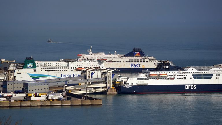 A P&O ferry remains moored at the Port of Dover in Kent 