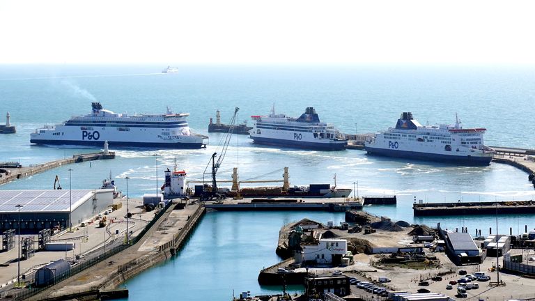 Three P&O ferries, Spirit of Britain, Pride of Canterbury and Pride of Kent moor up in the cruise terminal at the Port of Dover in Kent as the company has suspended sailings ahead of a "major announcement" but insisted it is "not going into liquidation". Picture date: Thursday March 17, 2022.
