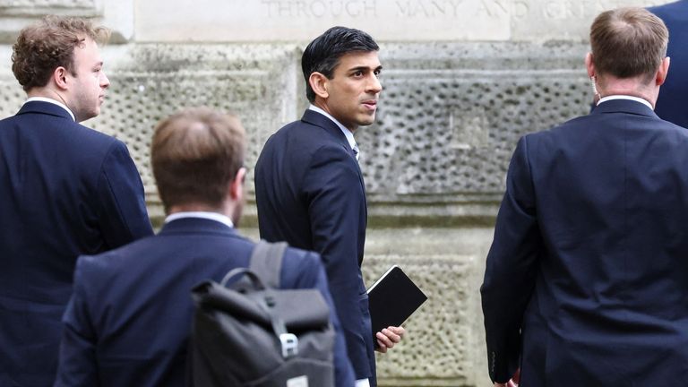 British Chancellor of the Exchequer Rishi Sunak walks at Downing Street, in London, Britain February 22, 2022. REUTERS/Henry Nicholls
