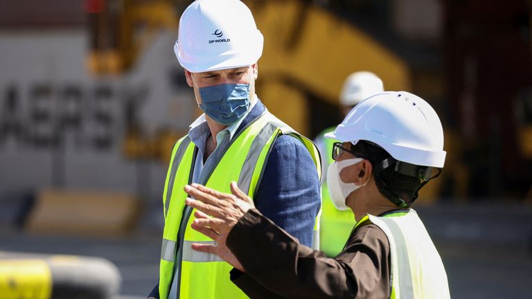 Britain's Prince William, Duke of Cambridge, speaks with DP World Chairman Sultan Ahmed bin Sulayem during a visit to Jebel Ali Port in Dubai, United Arab Emirates, February 10, 2022. REUTERS/Henry Nicholls/Pool
