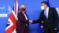 European Commissioner for Inter-institutional Relations and Foresight Maros Sefcovic, right, welcomes British Foreign Secretary Liz Truss prior to a meeting at EU headquarters in Brussels, Monday, Jan. 24, 2022. (John Thys, Pool Photo via AP)                  
PIC:AP                          