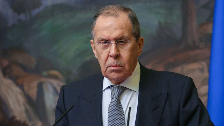 FILE IMAGE - Russia's Foreign Minister Sergei Lavrov attends a news conference following talks with Syria's Foreign Minister Faisal Mekdad in Moscow, Russia February 21, 2022. Russian Foreign Ministry/Handout via REUTERS ATTENTION EDITORS - THIS IMAGE HAS BEEN SUPPLIED BY A THIRD PARTY. MANDATORY CREDIT. NO RESALES. NO ARCHIVES.?