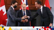 (left to right) Canadian Prime Minister Justin Trudeau, Prime Minister Boris Johnson and Dutch Prime Minister Mark Rutte during a meeting at RAF Northolt in London. Picture date: Monday March 7, 2022.

