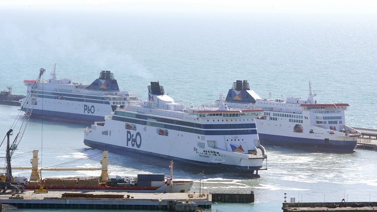 Three P&O ferries, Spirit of Britain, Pride of Canterbury and Pride of Kent moor up in the cruise terminal at the Port of Dover in Kent as the company has suspended sailings ahead of a 