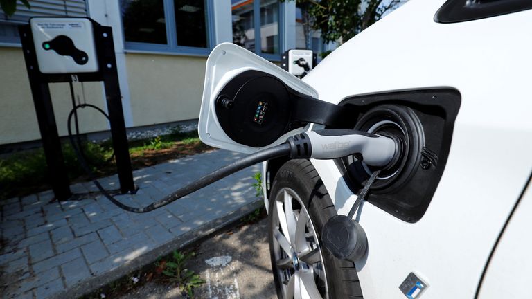 An electric vehicle charging station of municipal utilities "Stadtwerke Ruesselsheim" is pictured at their headquarters in Ruesselsheim, Germany, May 23, 2019