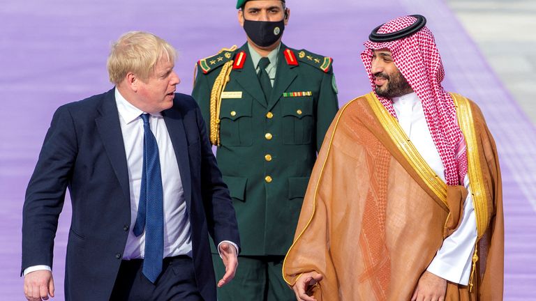 Saudi Crown Prince Mohammed Bin Salman receives British Prime Minister Boris Johnson, in Riyadh, Saudi Arabia March 16, 2022. Bandar Algaloud/Courtesy of Saudi Royal Court/Handout via REUTERS ATTENTION EDITORS - THIS PICTURE WAS PROVIDED BY A THIRD PARTY
