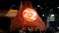 A replica volcano was the focal point of Bitcoin 2022's exhibition hall. Pic: AP