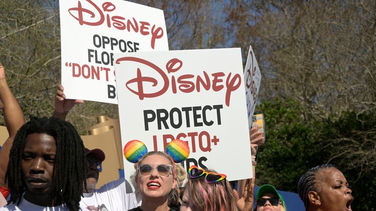 The advocates targeted Disney in two near-simultaneous rallies in Orlando and Burbank, Calif., to urge Disney to publicly speak out to oppose Florida's hateful, homophobic 