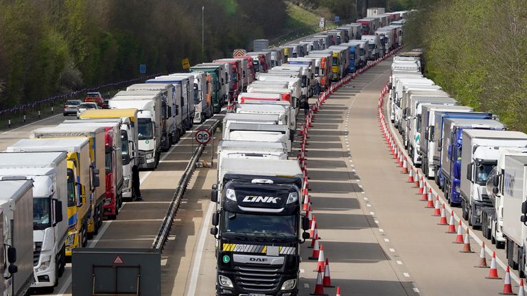 Lorries queued in Operation Brock on the M20 near Ashford in Kent as freight delays continue at the Port of Dover, in Kent, where P&O ferry services remain suspended after the company sacked 800 workers without notice. Picture date: Thursday April 7, 2022.
