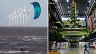 A kitesurfer rides the waves in front of the Burbo Bank offshore wind farm near Wallasey, Britain, and  An employee walks through the charge hall inside EDF Energy's Hinkley Point B nuclear power station in Bridgwater, southwest England