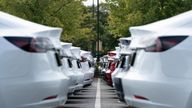 Tesla electric cars are shown at a storage site in Manchester. Pic: AP