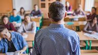 Back view of male professor giving lecture to high school students in the classroom. Pic: iStock