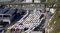 Lorries queue at the Port of Dover, in Kent, where P&O ferry services remain suspended after the company sacked 800 workers without notice. Picture date: Thursday April 7, 2022.
